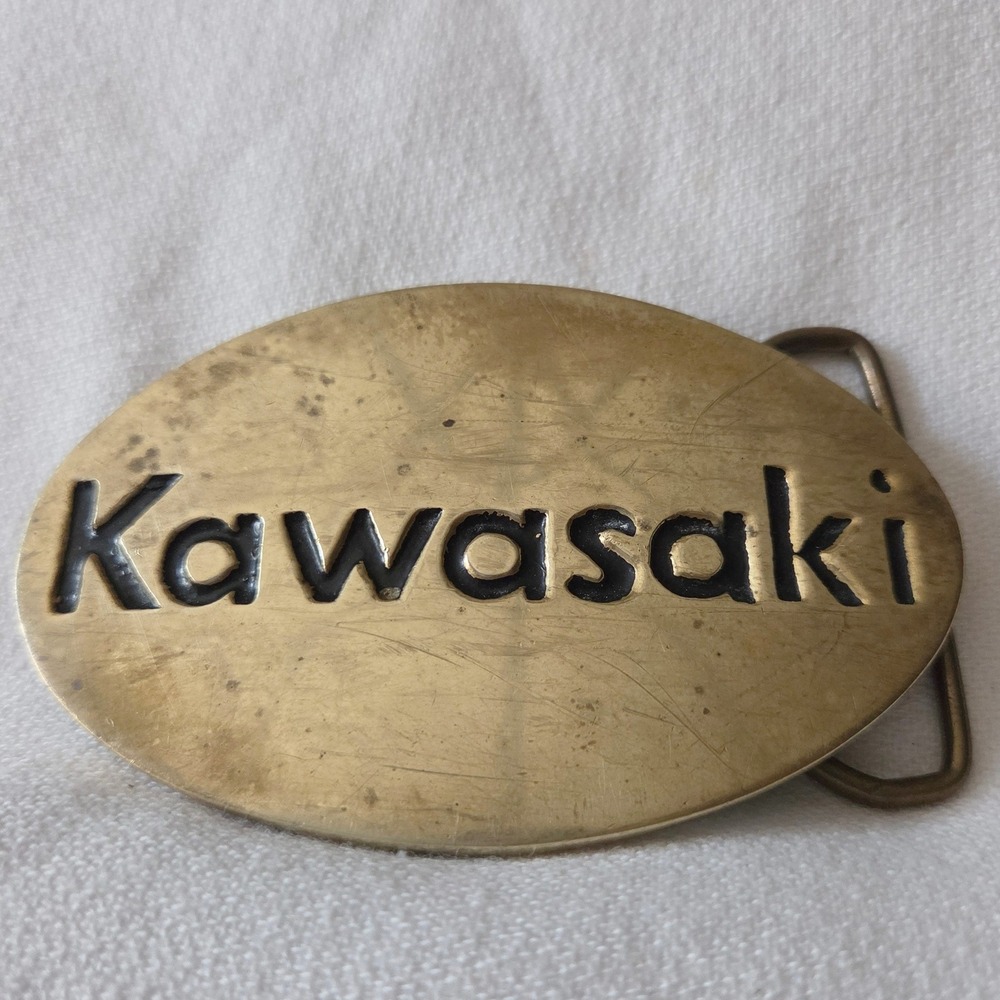 Kawasaki Belt Buckle Mens Good Solid Brass‎ Vintage Motorcycle 720 Taiwan